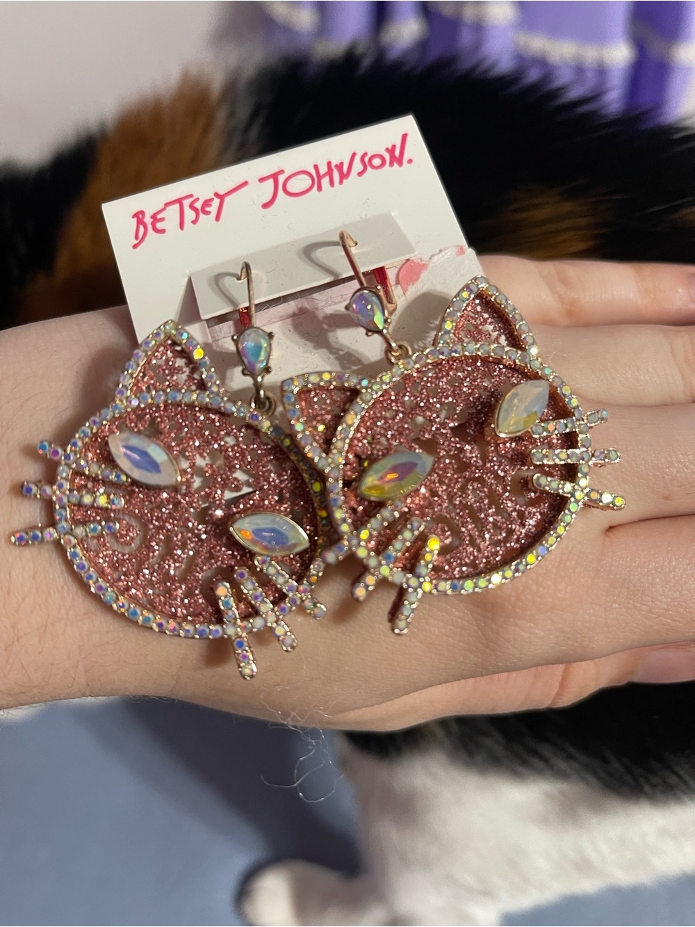Betsey Johnson Cat Face Drop Earrrings in Rose Gold NWT